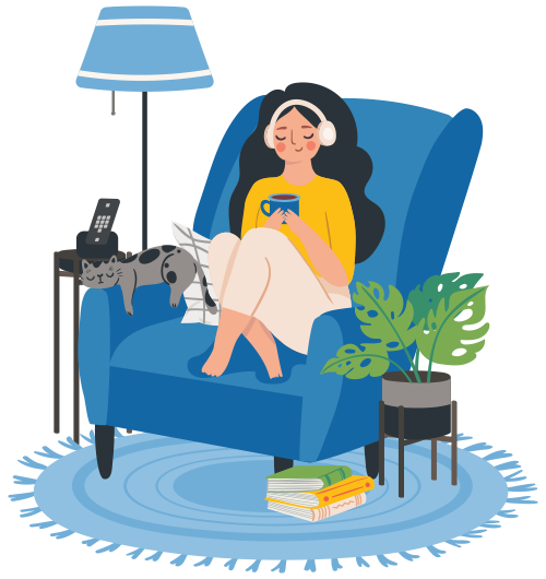 A person sitting in a chair holding a phoneDescription automatically generated